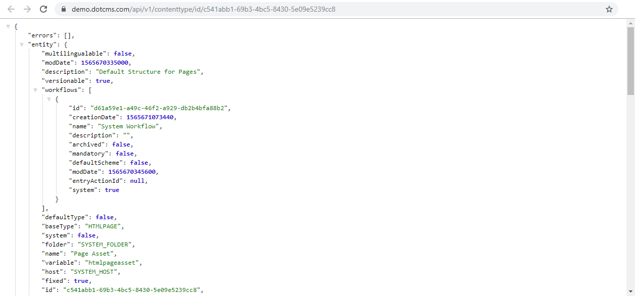 The results of the API call, displayed in a new tab