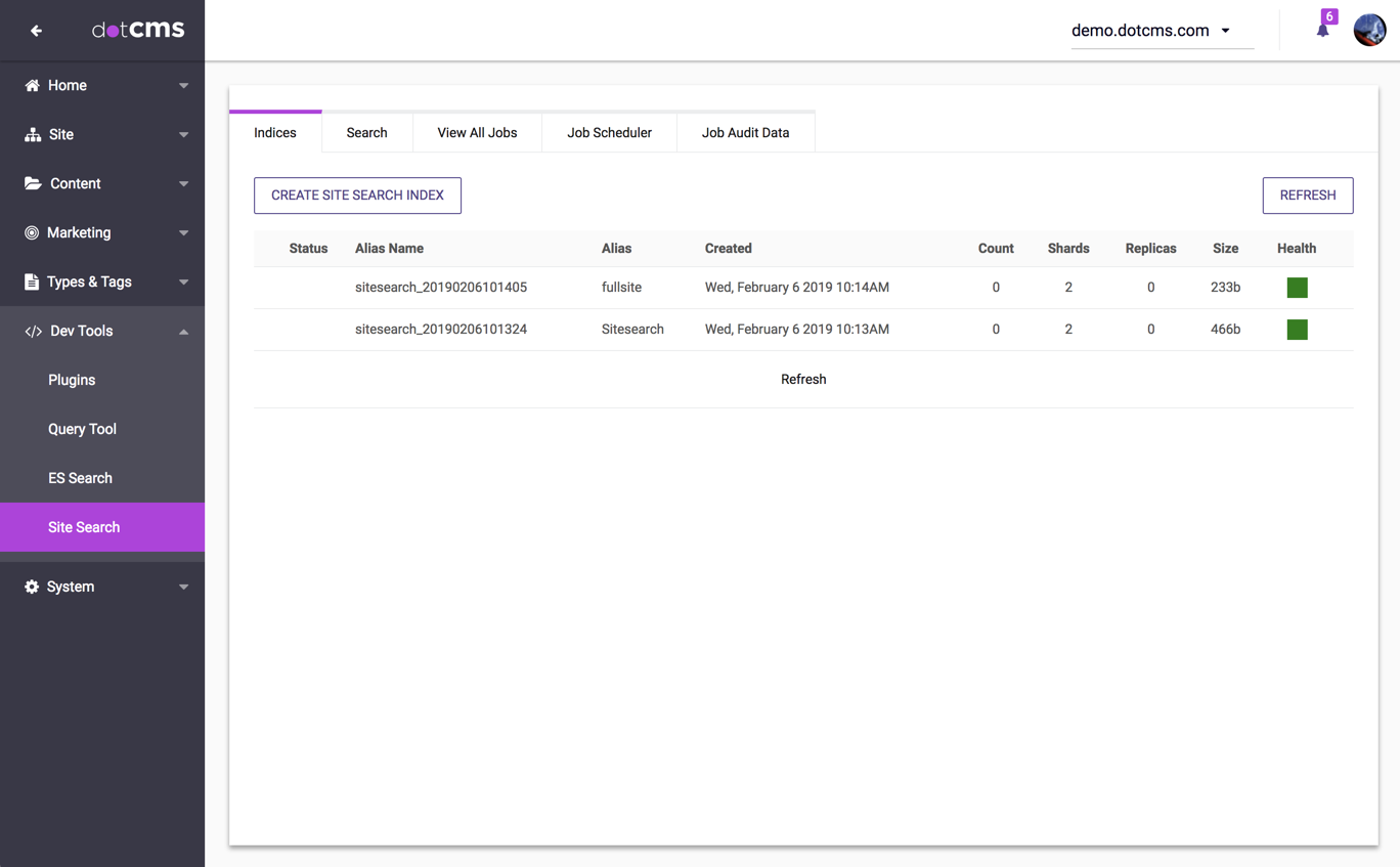 The Indices tab shows you all current Site Search indexes