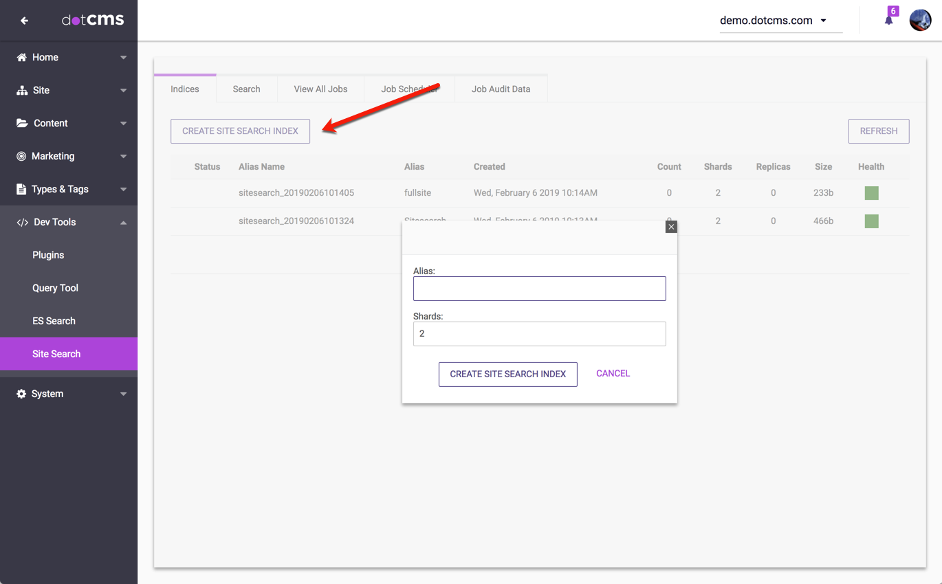 The Site Search index popup allows you to set the Alias name and the Number of Shards